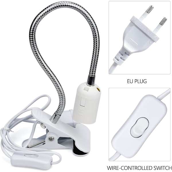LED Bordlampe Base, E27 Klemme Pære Sokkel med Bryter, Bordlampe Klips Base med 40cm 360 Graders Svanehals for Tatovering/Lesing/Sminke (EU Plugg)