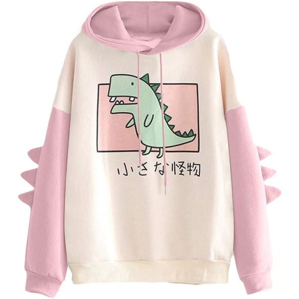 Dinosaurie-tröja för kvinnor, långärmad tröja med spets, tecknad söt huvtröja för tonårstjejer, casual pullover