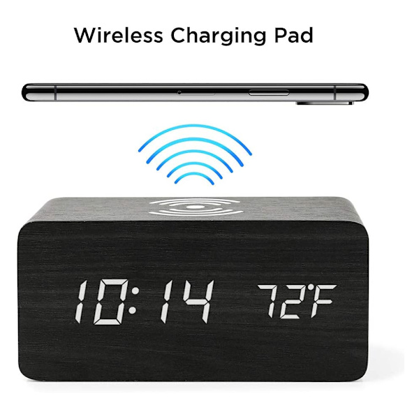 Träväckarklocka med Qi trådlös laddningsplatta kompatibel med iPhone Samsung Trä LED digital klocka Ljudkontrollfunktion, Tid Datum, Temperatur