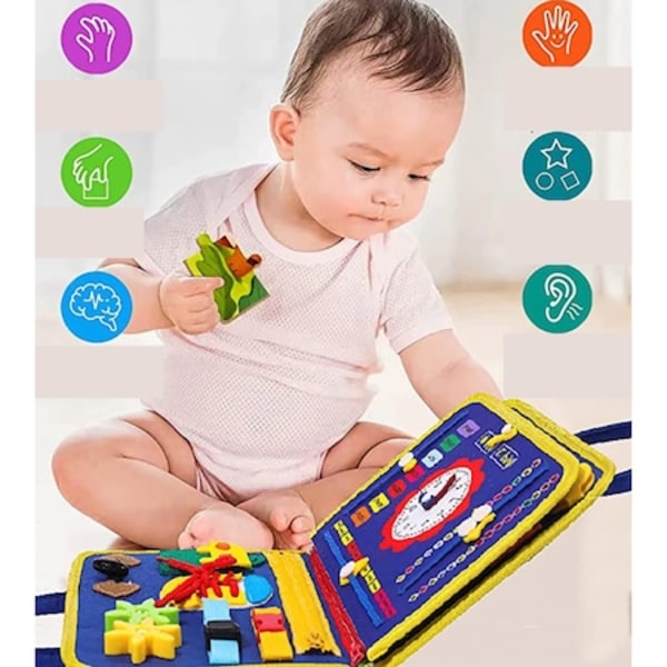 Sensorisk interaktiv leksak, Busy board textil, Montessori, Väska typ bok, För resor, blå