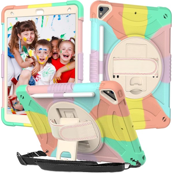 Etui til iPad 9. generasjon, iPad 10,2 tommer etui med pennholder, skulderstropp, stativ, [360 graders roterende håndstropp] for 9./8./7.