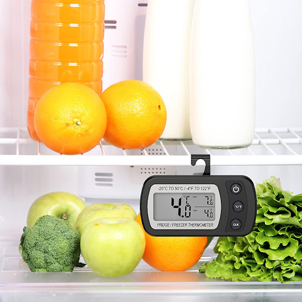 Vattentät kylskåpstermometer, digital frysrumstermometer, max/min-registreringsfunktion stor LCD-skärm och magnetisk baksida för kök,