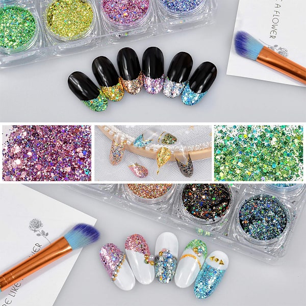 12 st glitterpulver, glitterdamm, kruka av högsta kvalitet, hantverk, nagelkonst, färg, fint regnbåge för alla naglar, ansikte för shellac-gelnaglar, akryl och vanliga