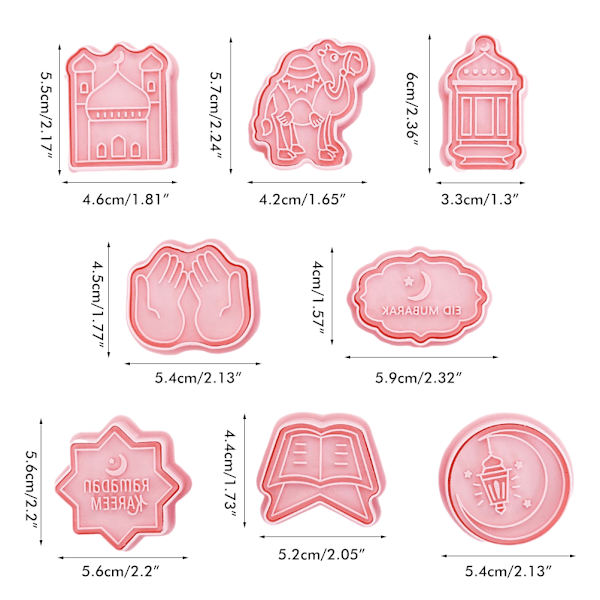 8 stk. Eid Kiks Form DIY 3D Forme til Fondant Kage Kiks Bagværk Fudge Ramadan Fest Dekoration, Pink
