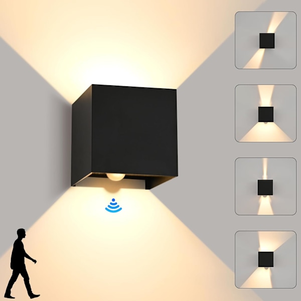Indendørs/Udendørs Væglampe med Bevægelsessensor, IP65 Vandtæt Væglampe, 12W 3000K Udendørs Sensor Væglampe med Justerbar Lysvinkel, Sort