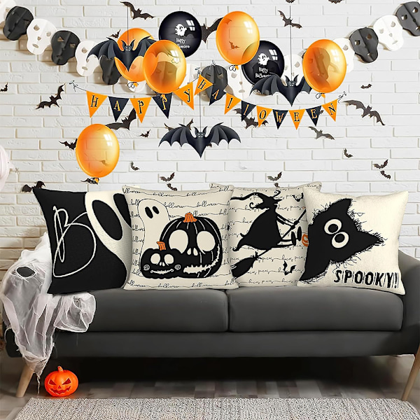 Halloween-kuddfodral 45 x 45 cm 4-pack Svart katt Pumpa Spöke Dekorativa kuddfodral Halloween-dekoration för hem soffa sovrum