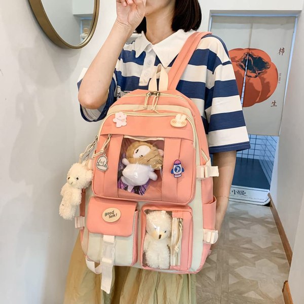 Ryggsäck med söta hängen, 5-delad Kawaii skolryggsäck set flickor, student skolväska vacker ryggsäck, stor Harajuku canvas skolväska
