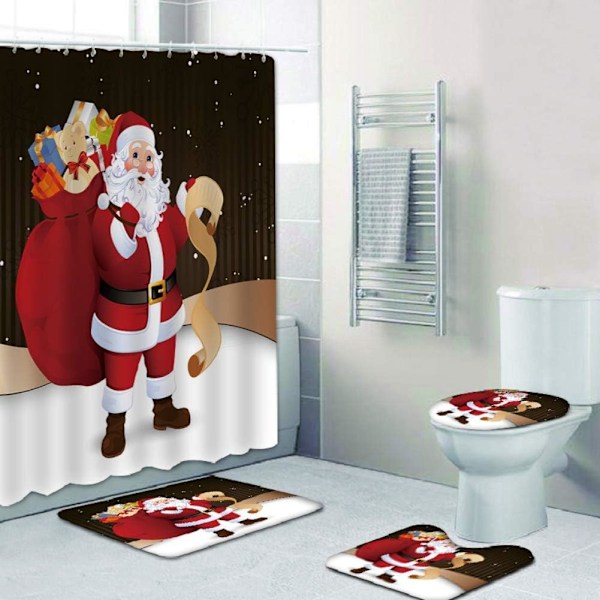 4 st juldekorationer för badrum, toalettlock, matta, duschdraperiuppsättningar, jultomte, älg, snögubbe, badrumsdekor A3