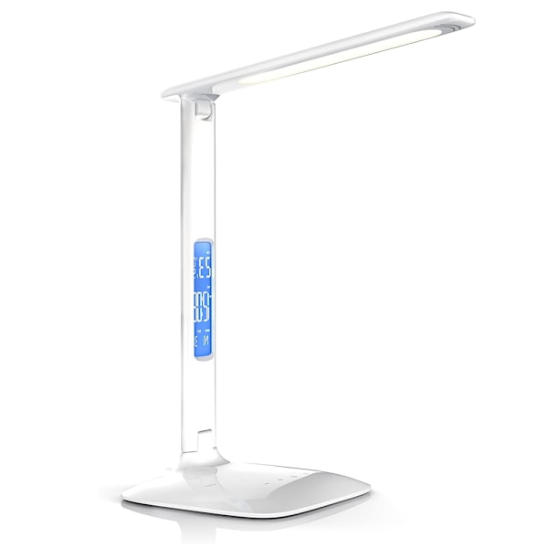 LED Skrivebordslampe med Trådløs Oplader, USB Opladningsport, Justerbar Foldbar Bordlampe med Ur, Alarm, Dato, Temperatur, 5-Niveaus Dæmpbar