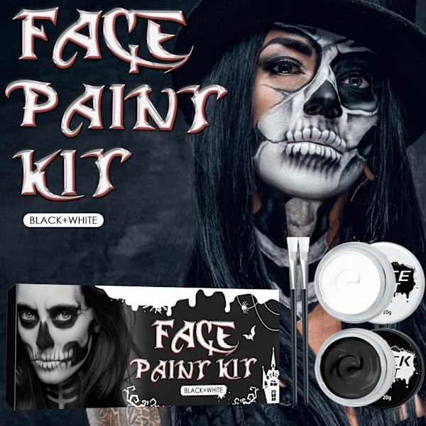 Halloween ansiktsmålning kit svart och vitt högpigmenterad ansiktskroppsfärg för DIY cosplay temafester
