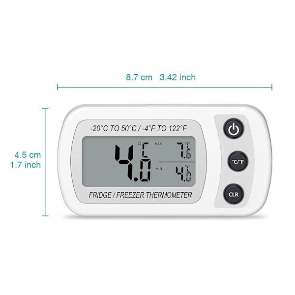 Vandtæt Køleskabstermometer, Digitalt Fryserumstermometer, Max/Min Registreringsfunktion Stor LCD-Skærm og Magnetisk Bagside til Køkken