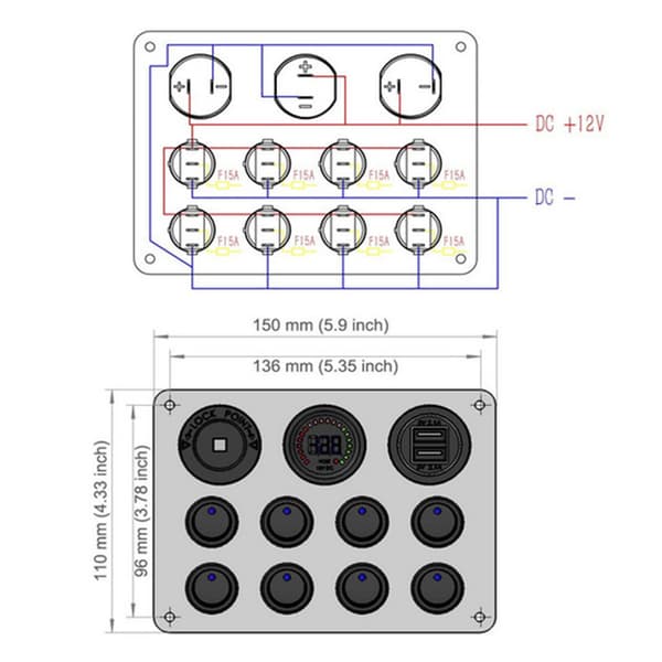 Vippebryterpanel 12-24V Dobbel USB-laderkontakt med LED Voltmeter Vippebryterpanel for bilbåt