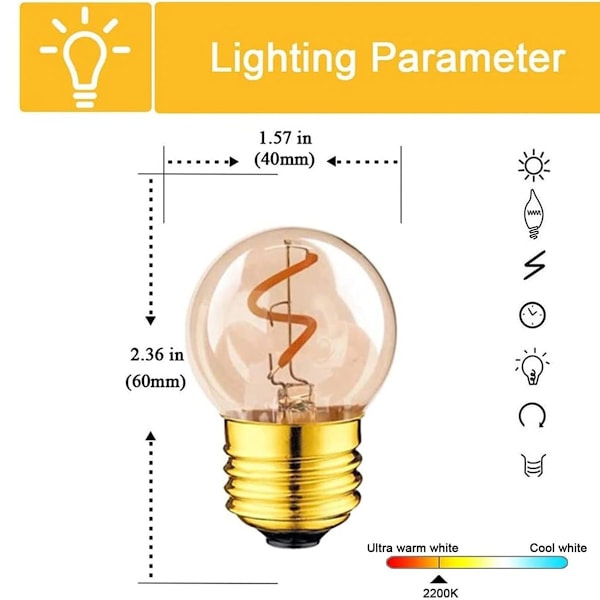 Udskiftningspærer til udendørsbelysning, Mini Globe G40 Filament Lampe E27 LED Edison Pære 2W Varm Hvid 2200K, 6 stk