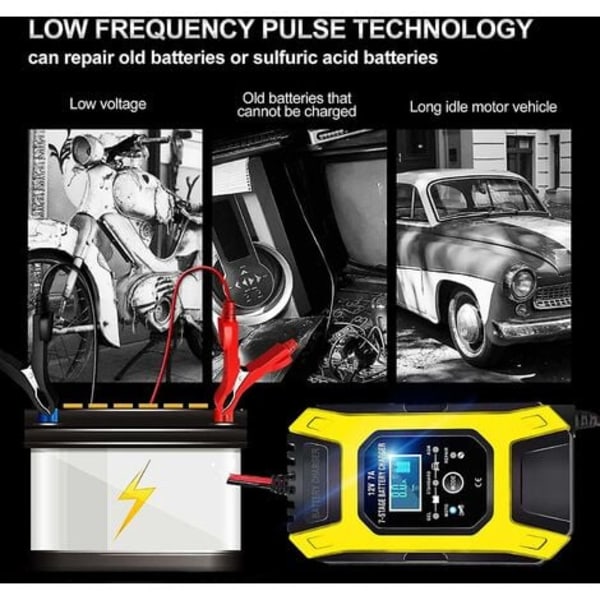 7A/12V Smart Batterioplader Bærbar Hurtig Motorcykeloplader med LCD-skærm Beskyttelse Reparationstilstand til Bil Motorcykel Auto Gul