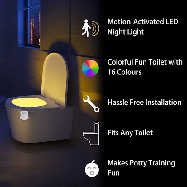 Et sæt med 1 toiletlys natlampe PIR bevægelsessensor farveskiftende belysning vandtæt 16 farve LED børnetoilet natlampe