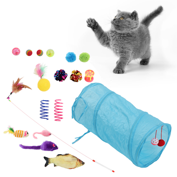 Lekset för katter, interaktiv kattunnel, kattretande pinne, klockboll, sisalmus, simulerad fisk för inomhuskatter