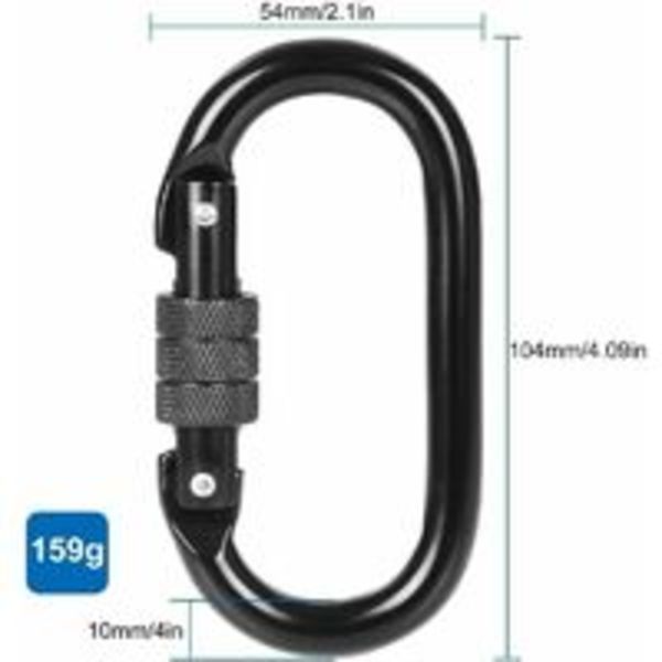 Sæt med 5 sorte klatrekarabiner i rustfrit stål - 20kN (2000kg), oval stålkarabin med låseskrue, sort militærkarabin, belastning 2000kg