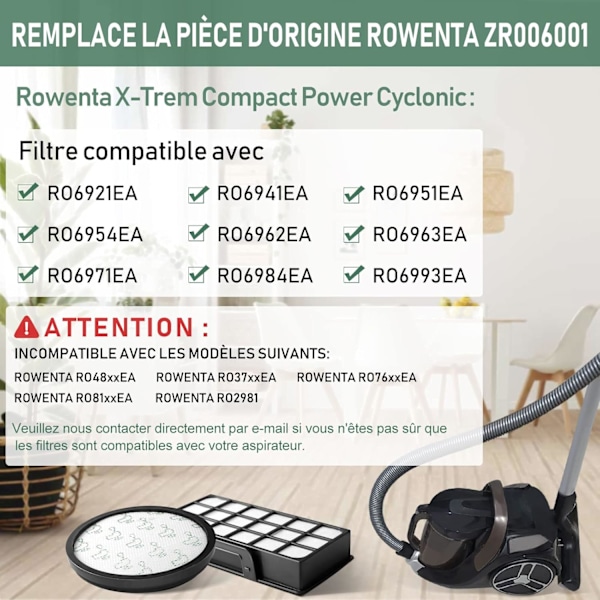 2 stk. udskiftningsfiltre til Rowenta X-Trem Power Cyclonic støvsuger ZR006001 RO69xx RO72xx RO7230EA RO7260EA