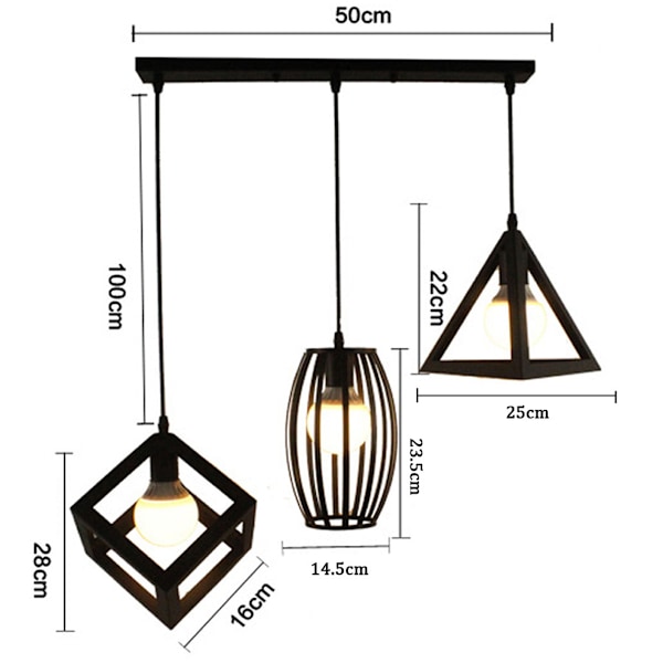Retro Pendel Lysekrone E27 LED 40W Burform Industrielt Design Lampe Belysning Sort