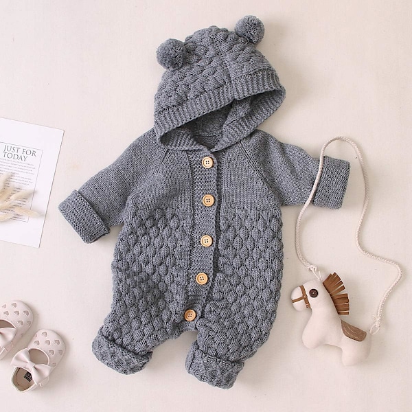 Nyfödd bebis pojke flicka björn öra stickad sparkdräkt jumpsuit huvtröja outfit set (6-12 månader)