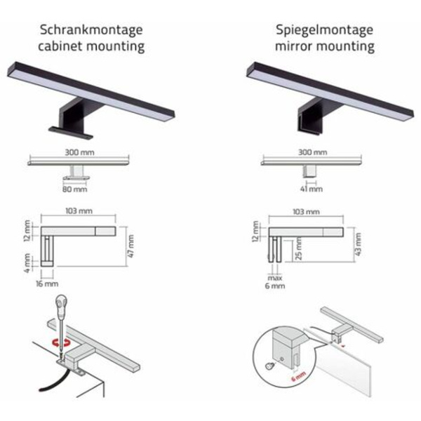 LED Baderomsspeillampe med Stikkontakt, Farge: Matt Svart, Overflatemontert Vegglampe, Skapbelysning, Klemmelampe, Kaldhvit, Lyskildeeffekt: 5