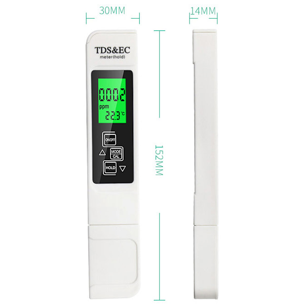 3-i-1 vandkvalitetstester, vandtemperatur- og renhedstester med digitalt LCD-display, PPM