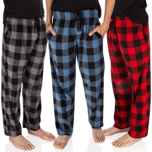 3-pak Plaid Herre Pyjamasbukser Sæt Underdele Fleece Lounge Sleepwear PJs med Lommer Microfleece