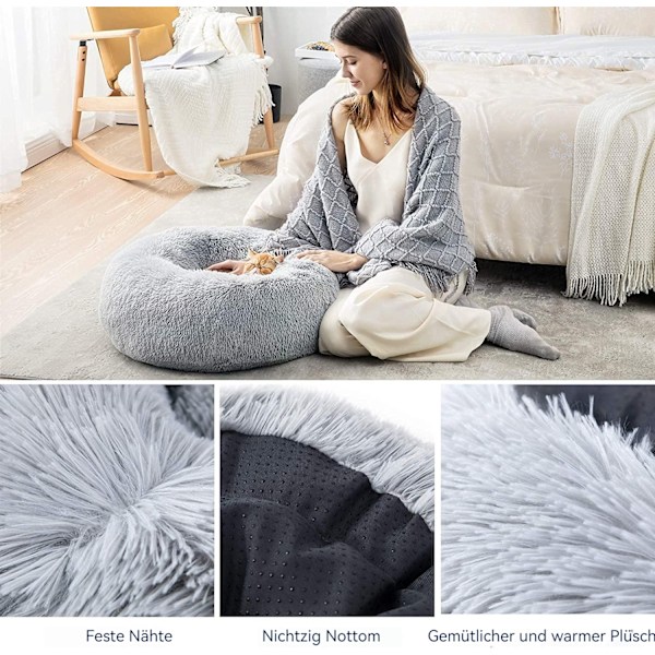 Kattbädd tvättbar fluffig hundbädd - kattsängplats för katter och små hundar, plysch kattkudde rund gosbädd storlek i 50x50 / 60x60 cm, grå