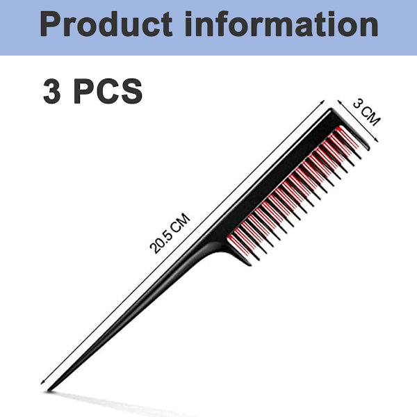 Triple Grooming Comb, Dame Rottehalekam, Rottehalekam til Bagkæmning, Rod-teasing, Tilføjelse af Volumen (3 Stykker, Sort+Rød)