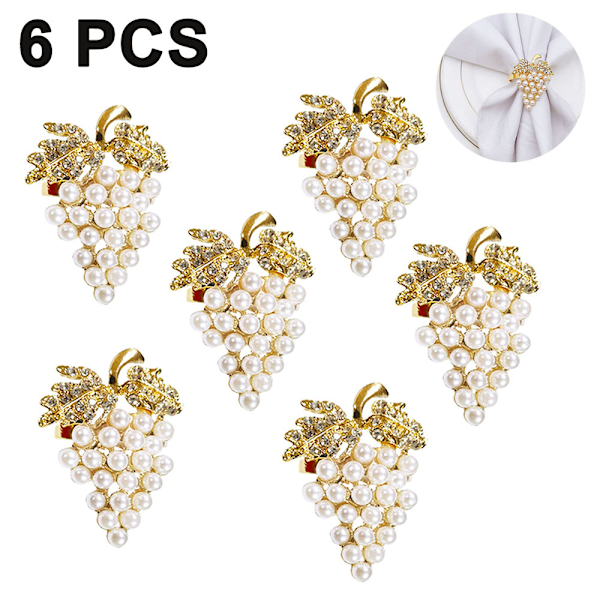 Set med 6 diamanter pärla druva servetring metall servett spänne för jul, helgdagar, bröllop, halloweenfest, middagar dekor