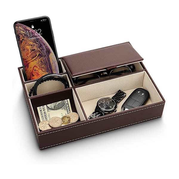 Læder Skrivebordsopbevaring Organizer, Multi Opbevaringsbakke, Valet Bakke, Natbord eller Kommode Organizer - 5 Rum til Pung, Telefon, Nøgler, Smykker