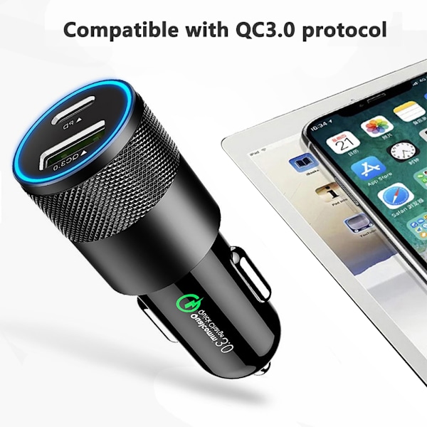 Musta USB-autolaturi, Total Dual Type C PD -autolaturi Power Delivery & Quick Charge 3.0 iPhone 11/11 Pro/11 Pro MAX/XS/XR/X/8:lle, iPadille