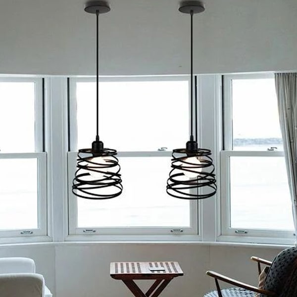 Sæt med 2 industrielle pendellamper jernbur fjederform Ø20cm E27 lysarmatur til restaurant, værelse, soveværelsesindretning, sort