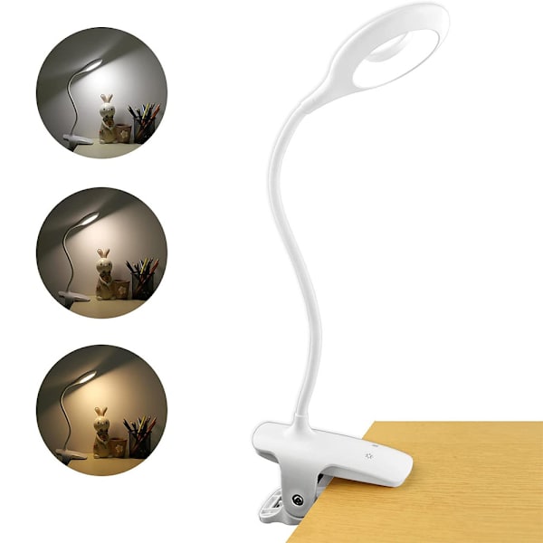 Liten bordlampe, bærbar trådløs klemmelampe med øyebeskyttelse, USB-oppladbar LED-skrivebordslampe, klemmelysdimming, tre-trinns dimming / dimming