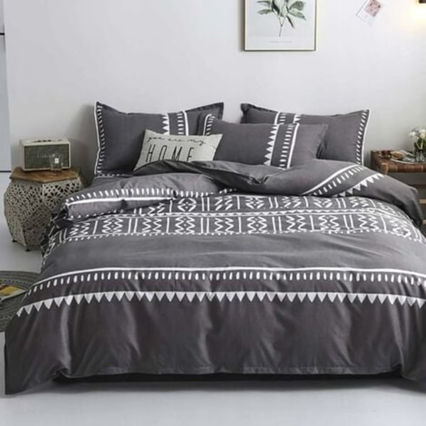 Dynetrekk 220x240 grått og hvitstripet moderne geometrisk ultrafiber sengetøy med glidelås - laken for 2 voksne, med gullbelagt