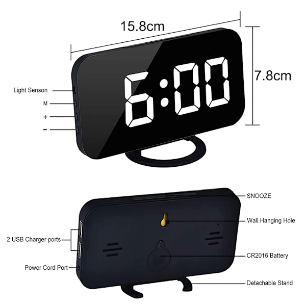 Digital Väckarklocka, Väckarklockor för Sovrum, Stor Display Spegelyta Väckarklocka med USB-Laddare 12/24H, Auto Dimmer Läge, för Kontor Sovrum