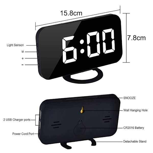 Digital Vekkerklokke, Vekkerklokker for Soverom, Stor Display Speiloverflate Vekkerklokke med USB-lader 12/24H, Auto Dimmer-modus, for Kontor Soverom