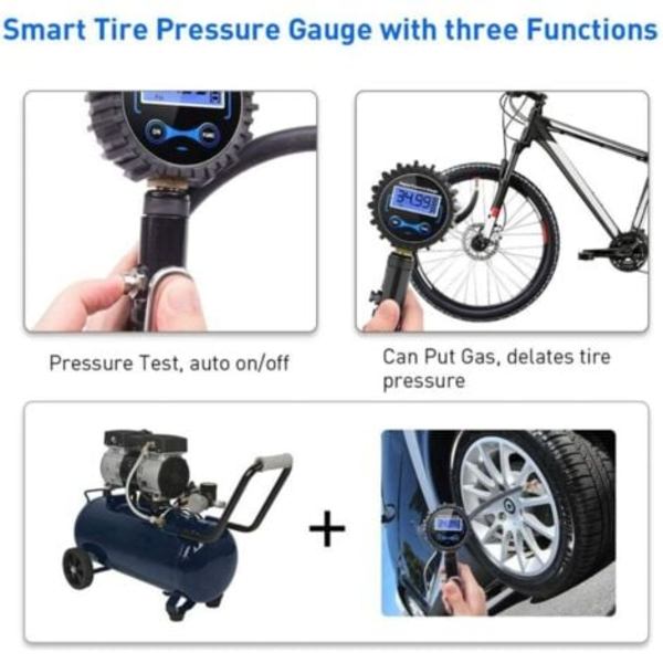 Digital däcktrycksmätare 250 Psi, hög precision däcktrycksmätare med pump för bil motorcykel cyklar, LCD-skärm