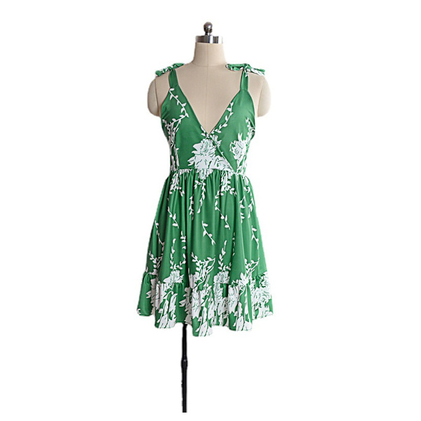 Sommerkjole til kvinder med blomsterprint, wrap-hals, justerbare spaghettistropper, afslappet, med flæser