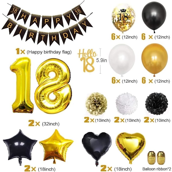 18 Års Fødselsdagsdekorationer i Sort Guld, 18 Balloner Bannere med Tillykke med 18 års Fødselsdag, Papir Pomponer, Balloner i