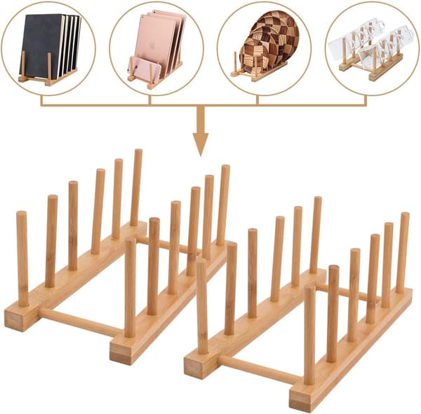 2 st bambu diskställ, grytlock/tallrik/skärbrädeorganisatör för köksskåp, flaskställ…