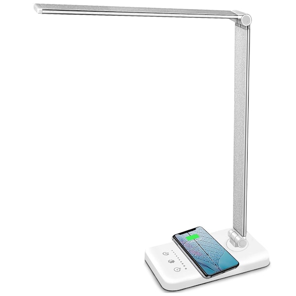 LED Skrivebordslampe med Trådløs Lader, Dimbar Skrivebordslampe med 10 Lysstyrkenivåer og 5 Fargemoduser, Nattbordslampe med USB-port og