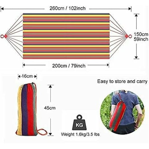 Utomhus Dubbel Bomulls Hängmatta 200 x 150 cm Stor med Spridarstång Robust Metallknut, Belastning 300 kg för Camping Trädgård Uteplats med Bärväska Remmar och