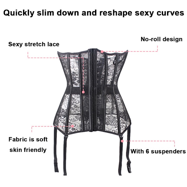 Mesh Underbust Korsett Topp Gjennomsiktig Fiskenett Brokade Sheer Bustier Midje Cincher Lingeri med Strømpebånd