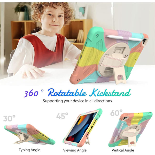 iPad 9:e generationens fodral, iPad 10,2 tums fodral med pennhållare, axelrem, stativ, [360 roterande handrem] för 9:e/8:e/7:e generationen,