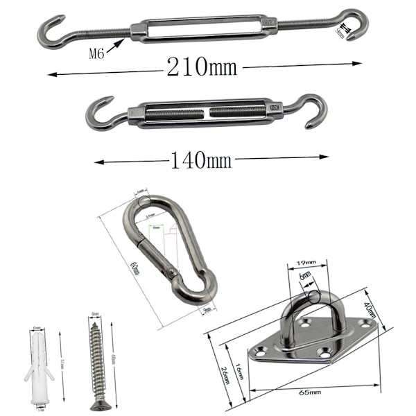 8-delt sæt til solsejlfastgørelse, 2 rustfri stål spændeskruer, 2 karabinhager, 4 vægbeslag solsejlstilbehør til sikker montering af firkantede