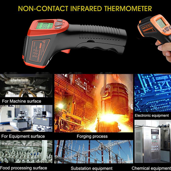 Infrapunalämpömittari, kosketukseton digitaalinen laserlämpötilapistooli -58 °F - 1112 °F (-50 °C - 600 °C) LCD-näytöllä, punainen