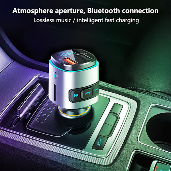 V5.0 Bluetooth FM-lähetin autoon, QC3.0 & LED-taustavalaistu langaton Bluetooth-sovitin musiikkisoitin/autosarja handsfree-puheluilla