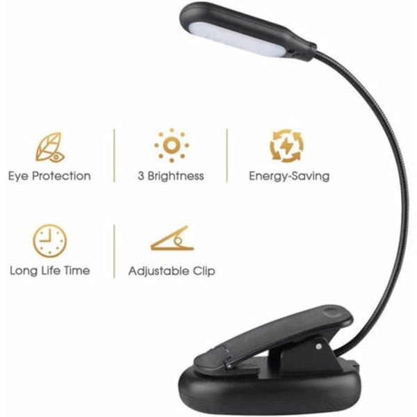 Genopladelig Boglampe, LED Clip Læselampe til Bog i Sengen, 3 Farver 3 Lysstyrker, Op Til 60 Timers Øjenbeskyttende Læsning, Varm Hvid, Perfekt til Børn