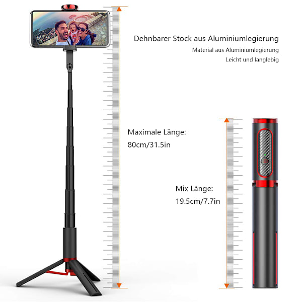 Selfie Stick Bluetooth, Aluminium Selfie Stick Tripod Mobiltelefon Tripod med Fjernudløser til iPhone 14/13/12 Pro Max, Samsung, Huawei osv.